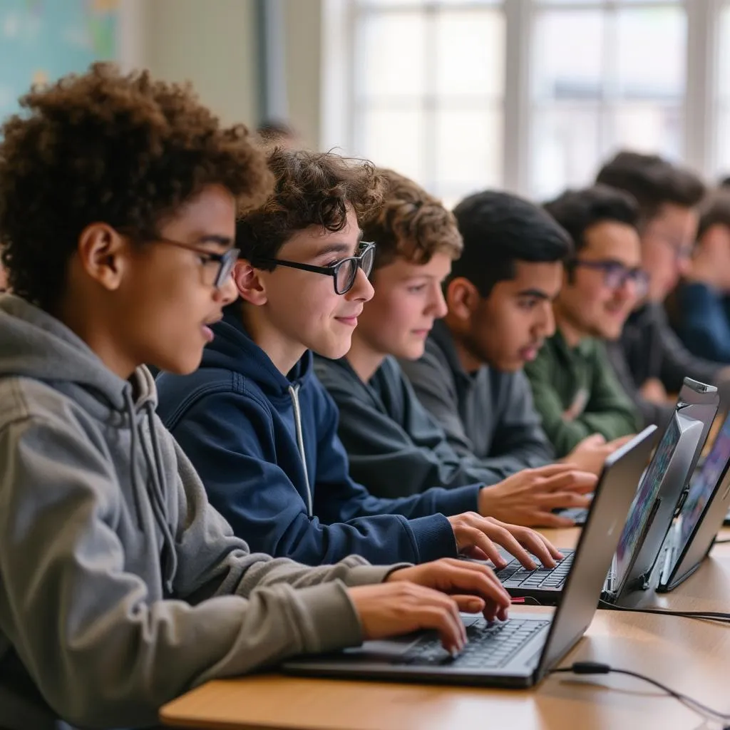 Estudiantes de vpisonias colaborando en un proyecto de desarrollo de videojuego en un aula moderna.