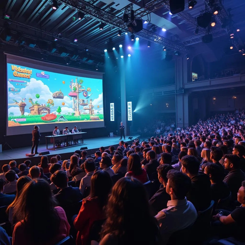 Estudiantes de vpisonias presentando sus proyectos finales de videojuegos móviles a un panel de jueces.