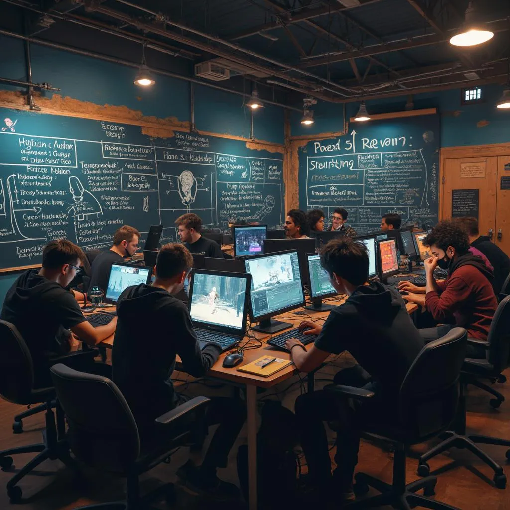 Sesión de game jam en las instalaciones de vpisonias con mucha creatividad.