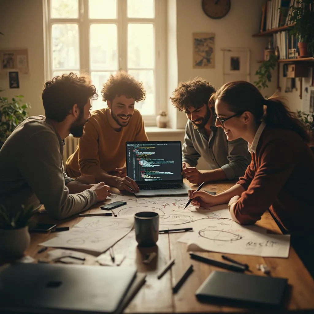 Equipo fundador de vpisonias en sus inicios, discutiendo ideas sobre un proyecto de videojuego en una pizarra.